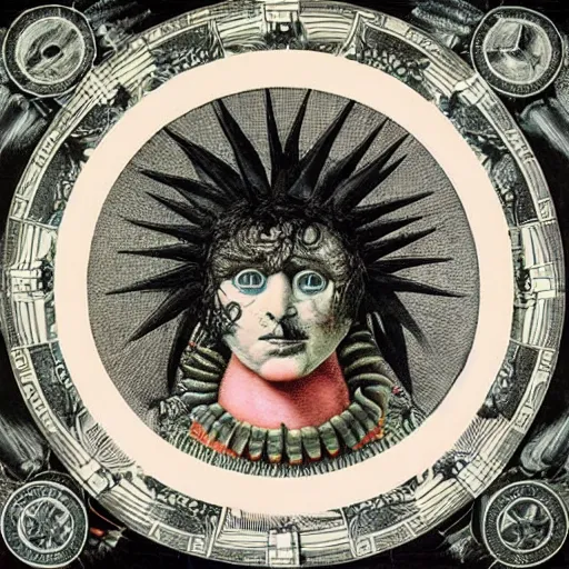 Image similar to post - punk new age album cover, asymmetrical design, in a round frame, dollar bank notes, capitalism, magic, apocalypse, psychedelic, black white pink, magic, giger h. r., giuseppe arcimboldo