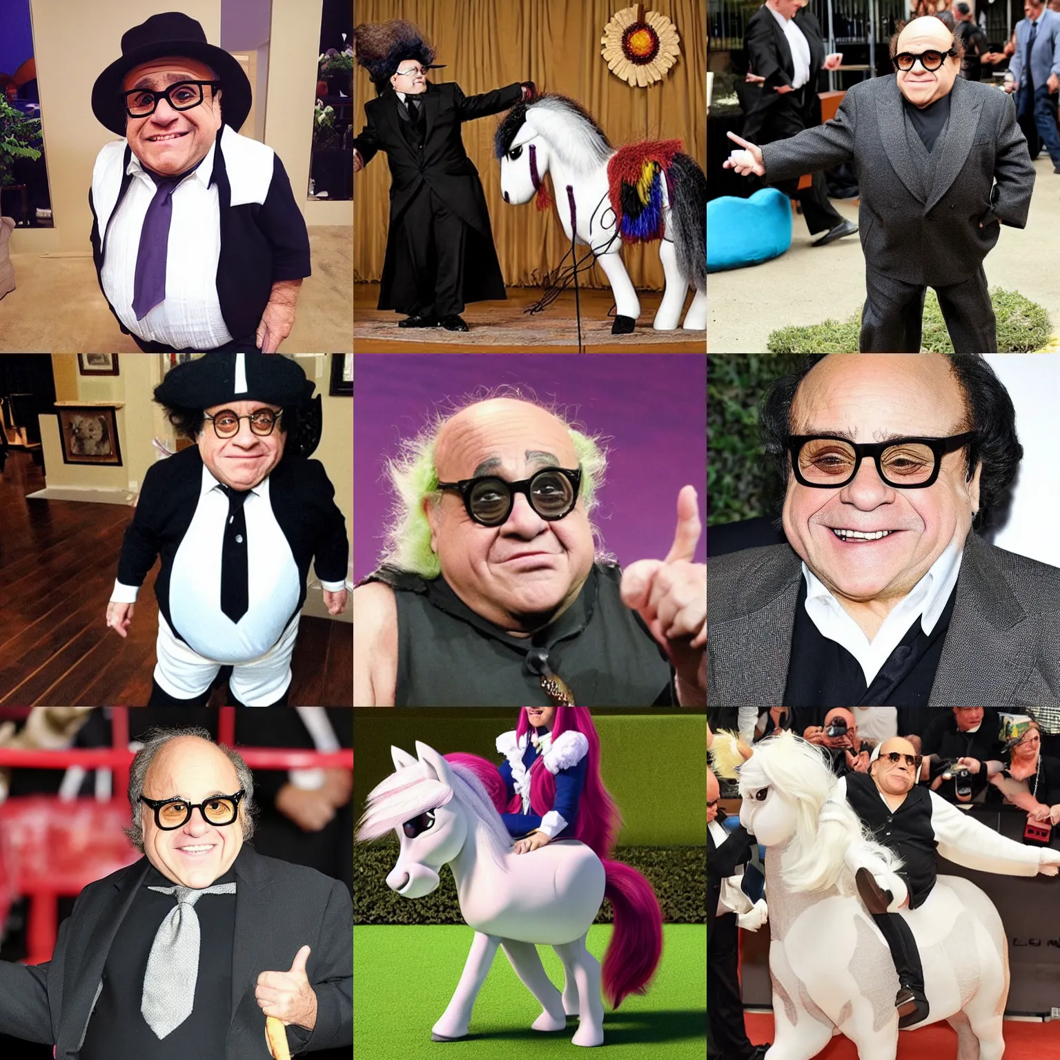 Prompt: Danny devito cosplaying as a pony, intricate, elegant,