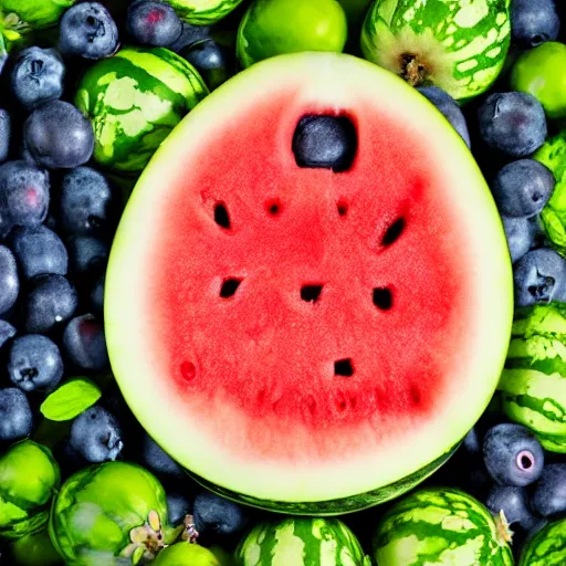 Prompt: a watermelon made up of blueberries