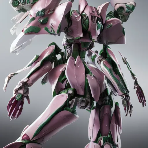 Image similar to futuristic anguloa uniflora mecha swaddled baby body, sepals forming helmet, floral details, anguloa, 8 k hd resolution, barbatos gundam with floral inlay, bandai box art, star wars, makoto kobayashi, frank gehry, raymond swanland