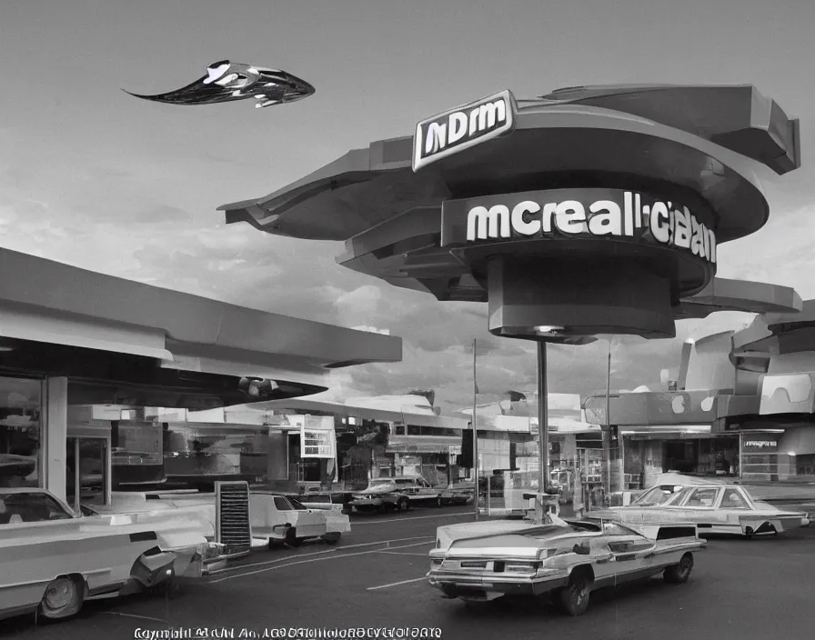 Image similar to !dream alien spacecraft attacking a McDonalds restaurant, 1982, photo real, daylight, vivid colors, Eastman EXR 50D 5245/7245