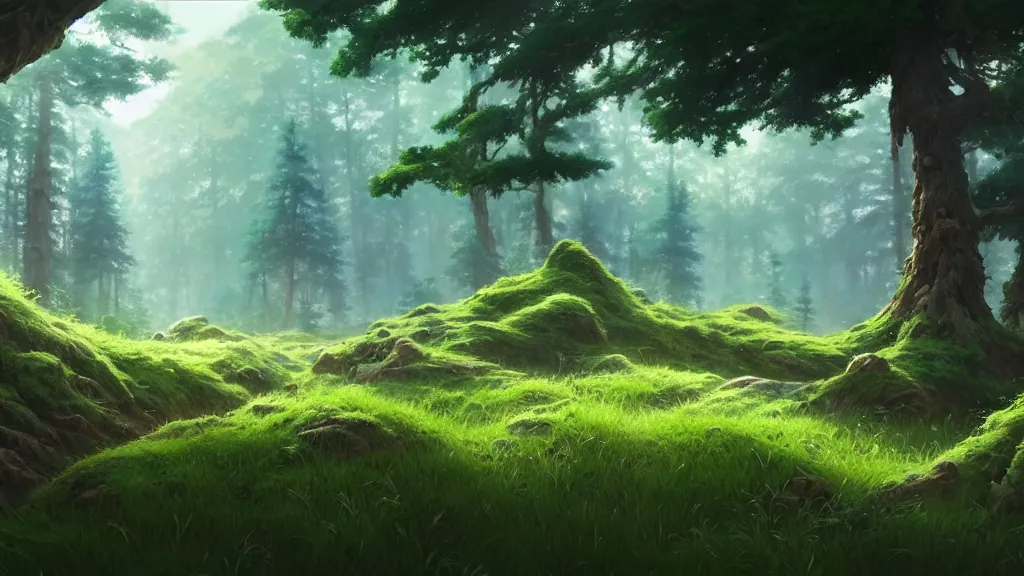 Image similar to forest clearing landscape, studio ghibli, pixar and disney animation, sharp, rendered in unreal engine 5, highly detailed, digital painting, artstation, concept art, smooth, sharp focus, illustration, wide angle, artbook, wallpaper, splash art, promo art, dramatic lighting, art by artgerm and greg rutkowski and bo chen and jin xiaodi