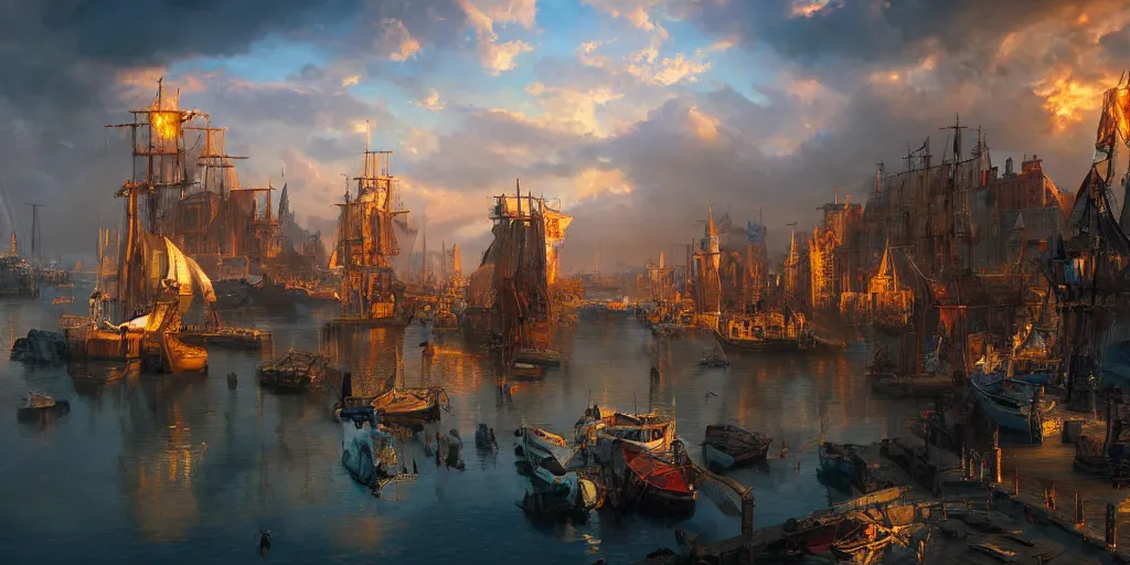 Prompt: beautiful seventeenth century harbour city, vivid colors, gorgeous clouds, god rays, digital art, landscape, fantasy art, octane render, ureal engine, high detail, very realistic, by greg rutkowski. by james gurney