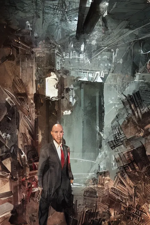 Image similar to an intricate and expressive full body portrait of agent 4 7 from hitman in a hallway full of guns, dark background, red rim light, highly detailed, digital art, artstation, concept art by giger stalenhag