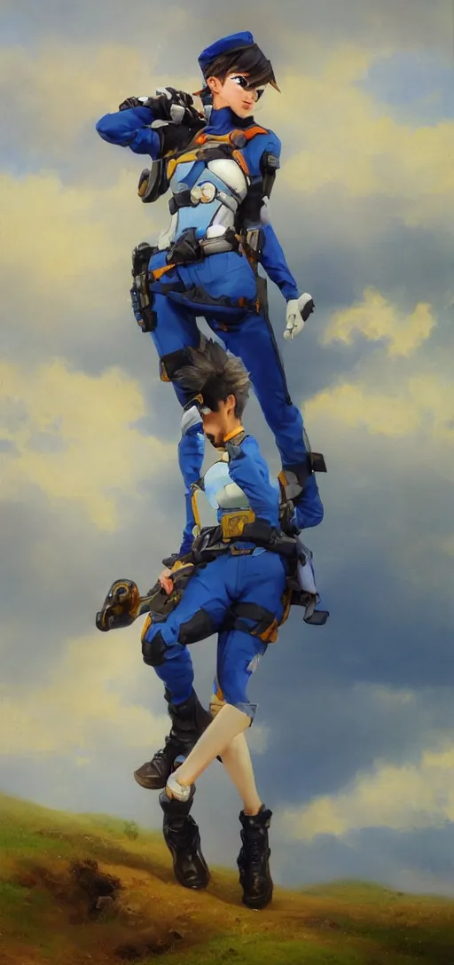 Image similar to oil painting of tracer overwatch in a field wearing blue uniform, in style of ivan aivazovsky, expressive face, detailed face, detailed eyes, full body, feminine face, tracer overwatch,