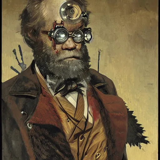Prompt: portrait of charles darwin as a steampunk cyborg, clockwork automaton, hanafuda oil on canvas by ivan shishkin, james jean and yoji shinkawa