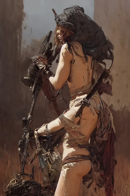 Image similar to a full body portrait of a beautiful post apocalyptic offworld butchers district bedouin blind pulp fiction scarlet wild rogue barbarian leper begging by the roadside, intricate, elegant, highly detailed, digital painting, artstation, concept art, smooth, sharp focus, illustration, art by krenz cushart and artem demura and alphonse mucha