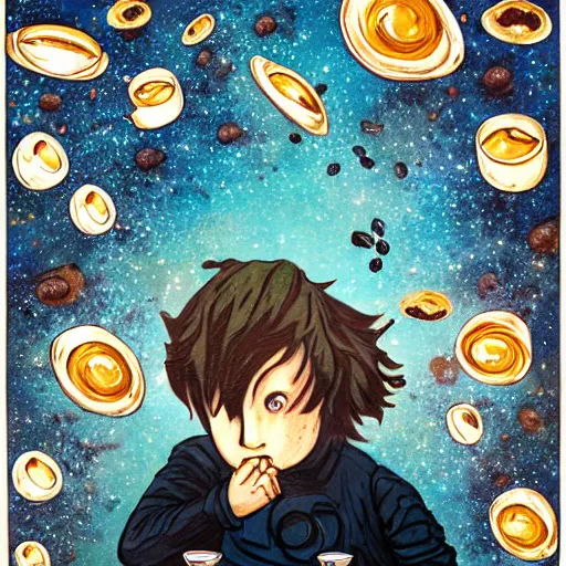 Image similar to a boy with dark eyes full of cosmic nebulae drowning in a roiling ocean of coffee spilling from a little coffee mug, nostalgic melancholic artwork