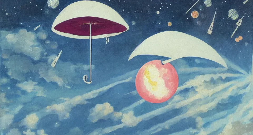 Image similar to giant umbrella in space, seen from earth, art deco painting