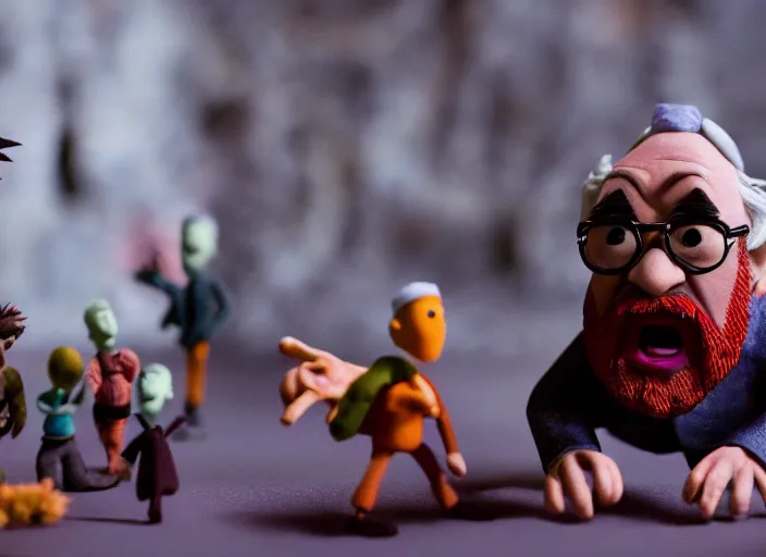 Image similar to cinematic screenshot of a stop motion claymation film about a wacky adventure starring george r r martin, shallow depth of field, 1 8 mm, f 1. 8