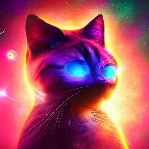 Prompt: Photorealistic magic cat in outer space. Hyperdetailed photorealism, 108 megapixels, amazing depth, glowing rich colors, powerful imagery, psychedelic Overtones, 3D finalrender, 3d shading, cinematic lighting, artstation concept art