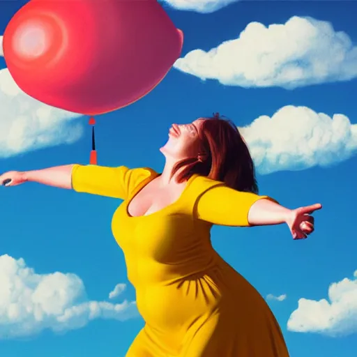 Image similar to inflated woman floating among the clouds, photorealistic