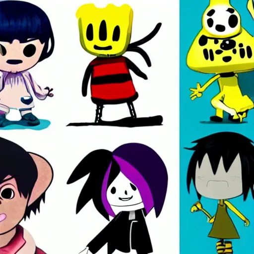 Prompt: six from little nightmares, lucy loud, noodle gorillaz phase 2, kris deltarune