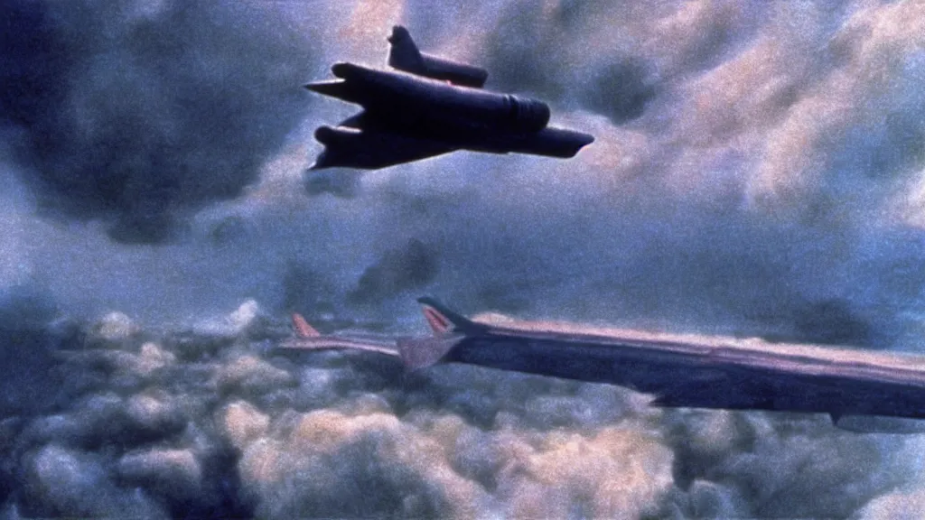 Image similar to the jets plane flies through an alternate dimension, film still from the movie directed by christopher nolan and david cronenberg with art direction by zdzisław beksinski and dr. seuss