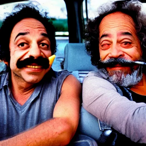 Image similar to cheech and chong smoking in a car, realistic, 4 k,