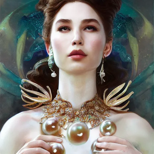 Image similar to a realistic liquid queen with a decorated dress made of white pearls , highly detailed, digital painting, Trending on artstation , HD quality, by artgerm and greg rutkowski and alphonse mucha, dramatic light, octane upscale max
