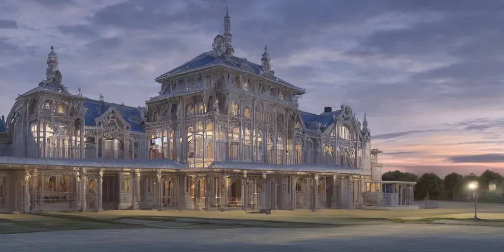 Image similar to extremely detailed ornate stunning sophisticated beautiful elegant victorian airport exterior by Henry Young Darracott Scott and Francis Fowke, stunning volumetric light, stainless steal, concrete, translucent material, beautiful sunset, tail lights