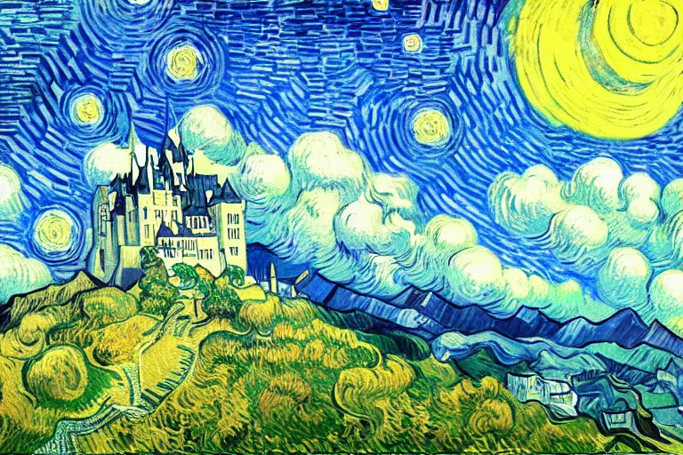Image similar to retro - futurism anime castle on a mountain in clouds with lots of details look from above rule of thirds golden ratio, fake detail, painted by van gogh