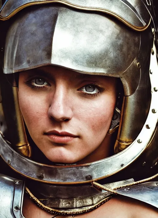 Prompt: close - up portrait of female roman gladiator with helmet and armor, art by mario testino