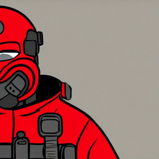 Image similar to A man in tactical gear and a red mask with a grin drawn onto it, cartoon