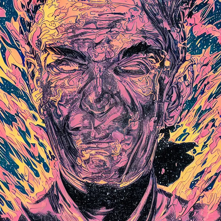 Prompt: trippy comic book artwork of a man's face exploding into particles of sand, very detailed, 8k