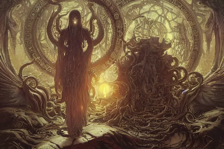 Image similar to a lovecraftian painting of a demonic shrine, occult, cult members, cosmic horror elements, ultra realistic, concept art, intricate details, eerie, highly detailed, photorealistic, octane render, 8 k, unreal engine. art by artgerm and greg rutkowski and alphonse mucha