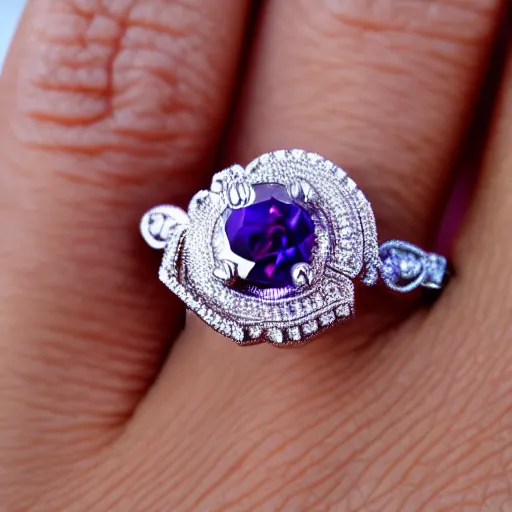 Image similar to a beautiful engagement ring on the hand of a woman, made out of shiny silver, the ring is engulfed in purple fire, high quality, photo realistic, detailed, 8k