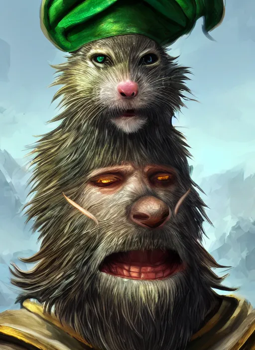 Image similar to humanoid rat with beard, serious, mean eyes, wearing jewelry, tricorne hat, green robe, d & d, digital art, detailed face, highly detailed, trending on artstation, 4 k, sea in the background