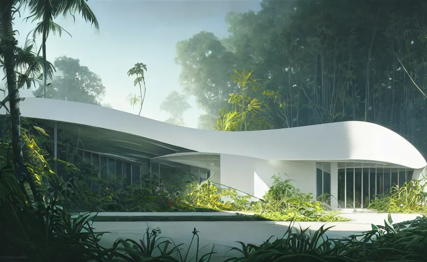 Image similar to painting of a wide angle exterior shot of a white modern architecture in the middle of a tropical forest with cinematic lighting by zaha hadid and renzo piano, darek zabrocki and greg ruthkowski, alphonse mucha, simon stalenhag and cinematic and blue cold atmospheric, archillect concept art, artstation, trending on artstation