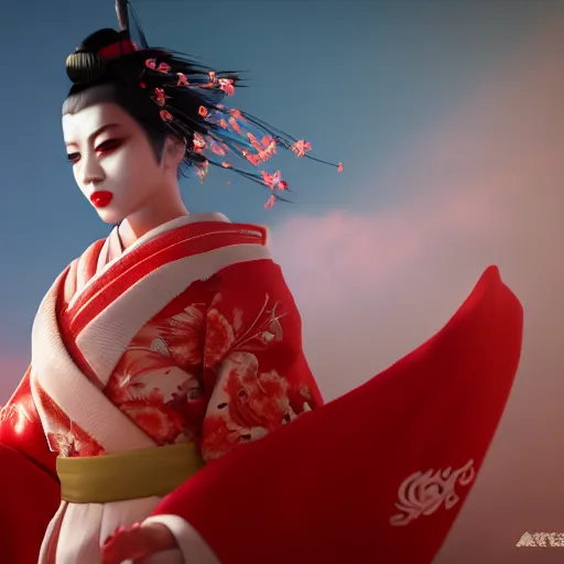 Prompt: kitsune geisha fancy hakama, full body, unreal engine octane, red and white, gliter, depth of field, 8k, hyper detailed, trending on artstation