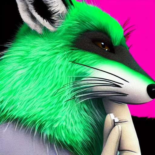 Image similar to close up of photorealistic green fox with green fur and magenta eyes, wearing a black hoodie, smoking weed