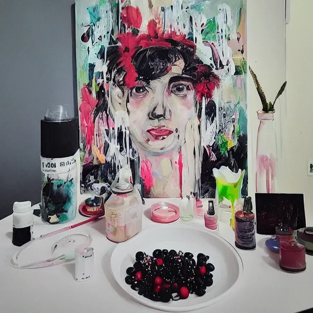 Image similar to “ a portrait in a female art student ’ s apartment, sensual, a pig theme, art supplies, paint tubes, ikebana, herbs, a candle dripping white wax, black walls, squashed berries, berry juice drips, acrylic and spray paint and oilstick on canvas, surrealism, neoexpressionism ”