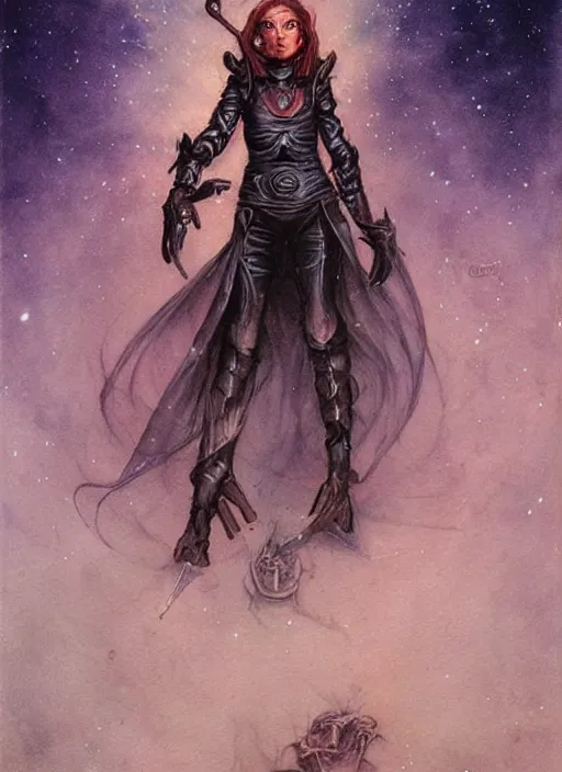 Image similar to portrait of female space pirate, night sky background, beautiful! coherent! by brom, by brian froud, deep color, strong line, high contrast