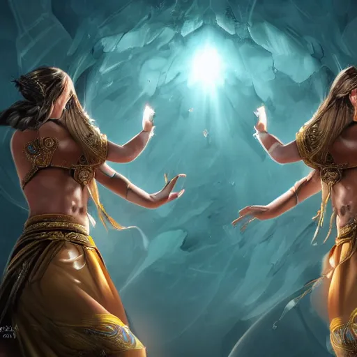 Prompt: two identical beautiful priestesses having a battle, detailed digital art, smooth, beautiful lighting