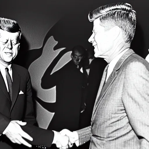 Prompt: a black and white photo of president kennedy shaking hands with a space alien