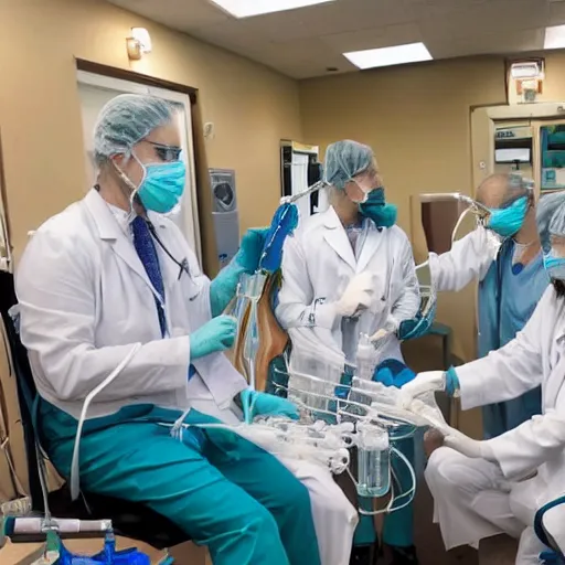 Prompt: doctors playing musical instruments made out of medical supplies, made out of clear tubing, syringes, urine collection bag, iv pole, fluid bag, nebulizer equipment, bag - valve mask, intubation equipment, speculum, defibrillator, flexiseal.