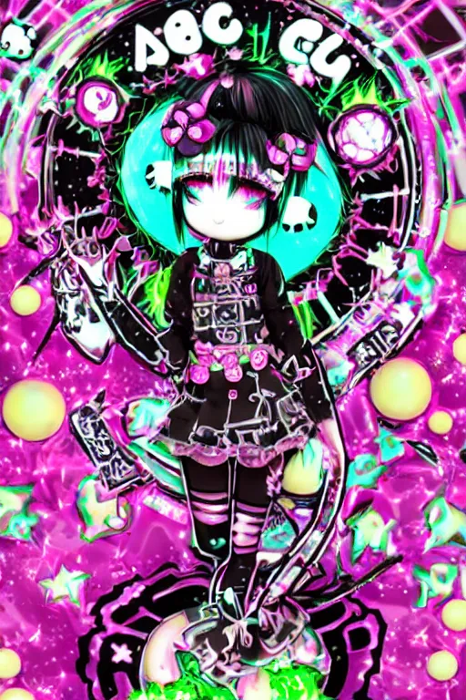 Image similar to cybergoth decora glitchcore yokai girl, sanrio ornaments, pastel cute cinematography | spiked korean bloodmoon sigil stars draincore, gothic demon hellfire hexed witchcore aesthetic, dark vhs gothic hearts, neon glyphs spiked with red maroon glitter breakcore Y2K horrorcore metal album cover