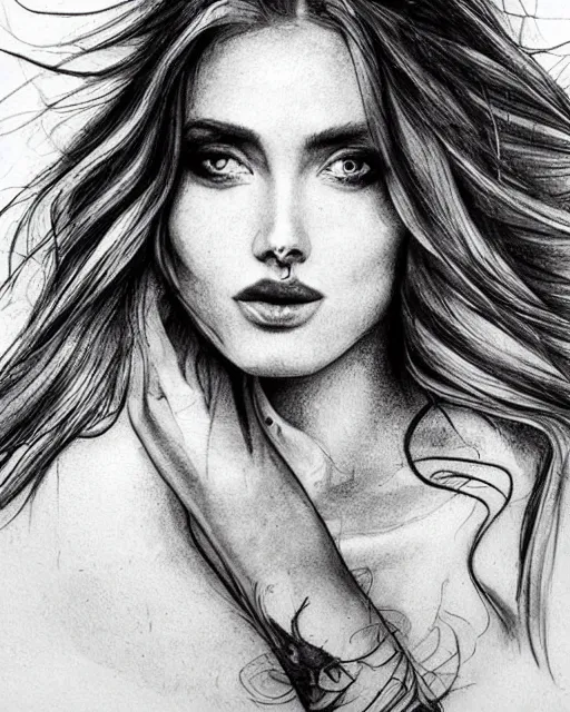 Image similar to tattoo design sketch of a beautiful woman face blended with a background of beautiful mountains, hyper - realistic, in the style of den yakovlev, amazing detail, black and white