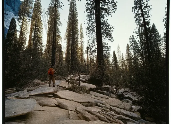 Image similar to a 2 8 mm macro kodachrome photo of a man hiking in yosemite national park in the 1 9 5 0's, seen from a distance, bokeh, canon 5 0 mm, cinematic lighting, film, photography, golden hour, depth of field, award - winning