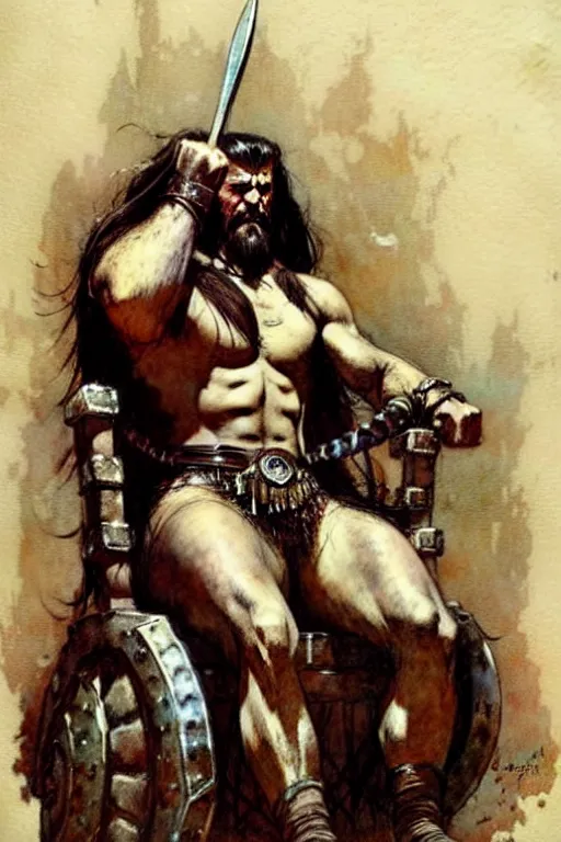 Image similar to (((((1950s king conan the barbarian sitting on his throne . muted colors.))))) by Jean-Baptiste Monge !!!!!!!!!!!!!!!!!!!!!!!!!!!