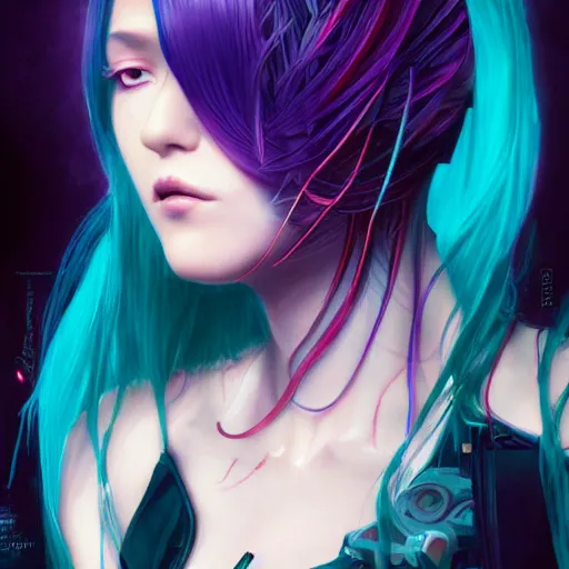 Prompt: a beautiful portrait of hatsune miku with long black and deep red colored hair and one purple colored cyberpunk eye, dressed a netrunner from shadowrun, intricate, elegant, highly detailed, digital painting, artstation, concept art, matte, sharp focus, illustration, art by greg rutkowski and alphonse mucha