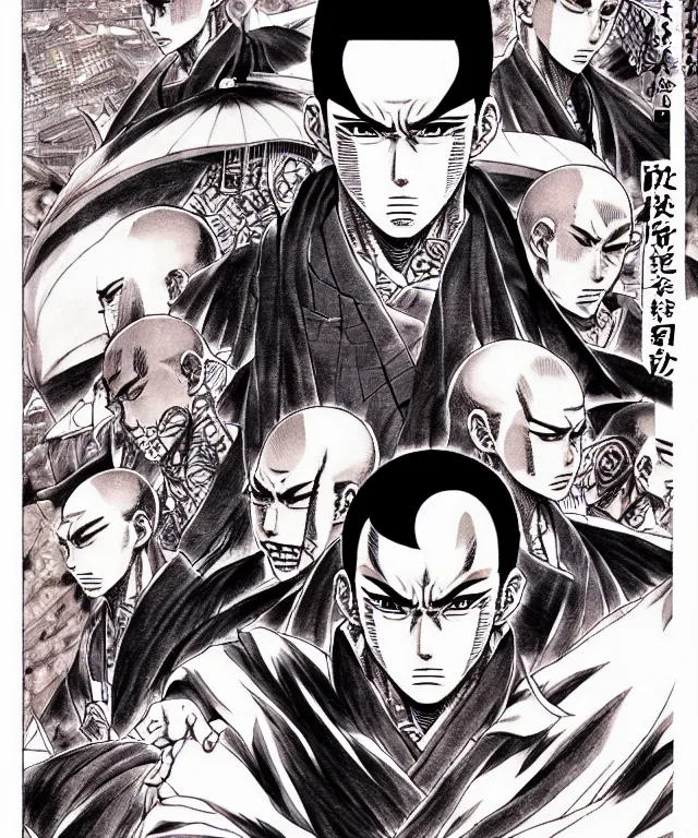 Prompt: A manga cover about a shaved-headed scarred yakuza. Sharp high quality manga, fine details, straight lines, solo, architecture in the background, masterpiece, highly detailed drawing by Hirohiko Araki, Tsutomu Nihei, Akatsuki Akira, Kentaro Miura