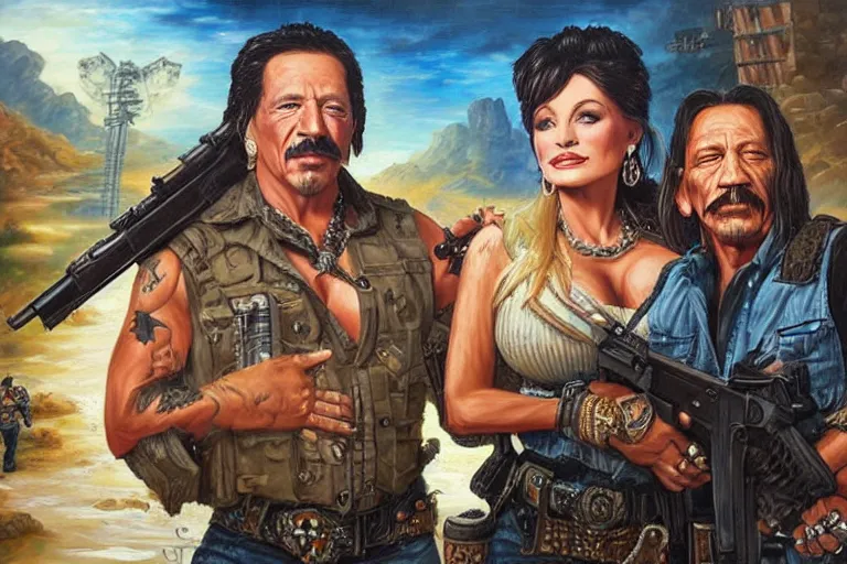 Image similar to portrait of dolly parton and danny trejo with guns fighting a drug cartel, an oil painting by ross tran and thomas kincade