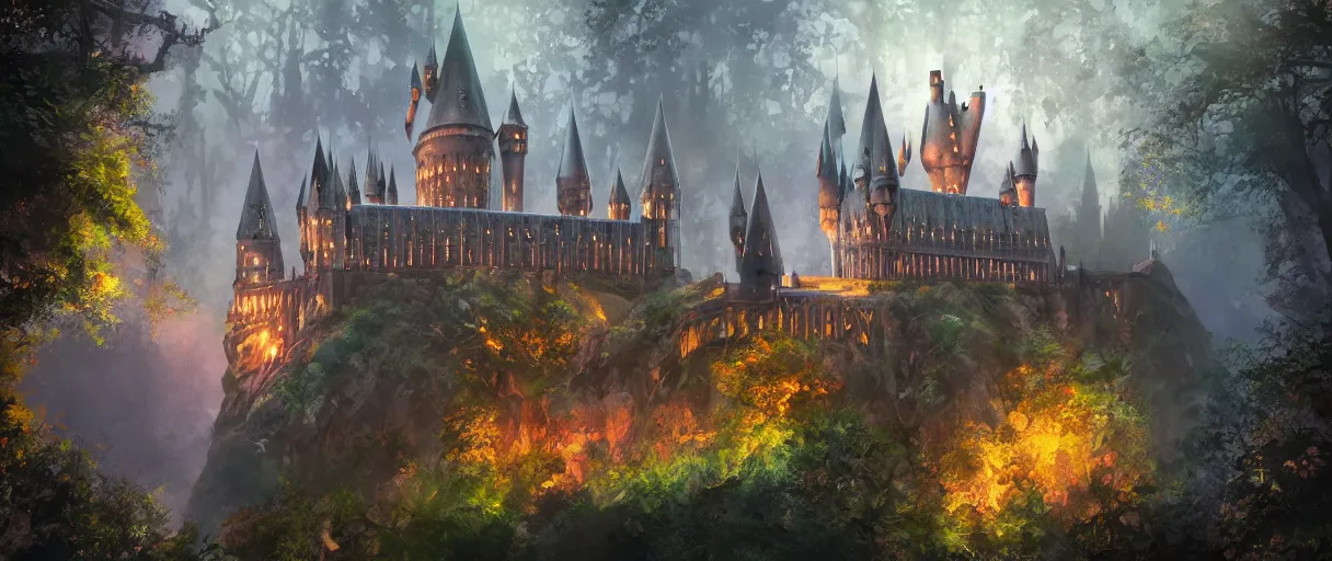 Prompt: hogwarts type castle in the forest behind a garden, concept art, digital painting, style of jordan grimmer, warm lighting, futuristic, volumetric lighting, view from below, vivid colours, bright, daytime, godrays, high detail