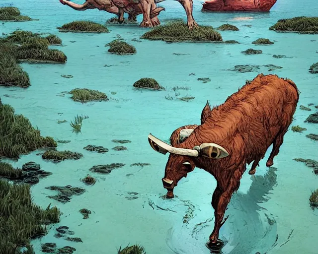 Prompt: a minotaur walking in shallow water, digital art, illustrated by james gurney and victo ngai