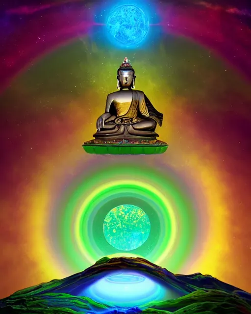 Prompt: the most beautiful star system with large brightly coloared planets, inside of an expansive cave, green tara buddha with a crown of rainbow clouds, coherent design, symmetrical, vivid color, complementary color, golden ratio, detailed, sharp lines, intricate, rainbowshift, by in unreal engine, nvidia, octane render