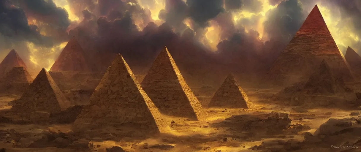 Prompt: Aztek pyramids under a stormy sky, beautiful matte painting, Moebius, frank frazetta, sid mead, thomas kinkade, rodney mathews, trending on artstation