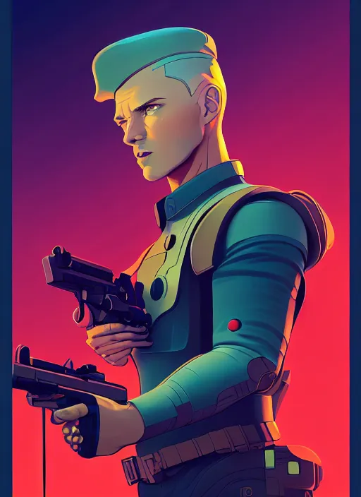 Prompt: side profile centered portrait, man with a gun, a spaceship in the background, by artgerm, cushart krenz, miles johnstone, storyboard,, frames, west world show, james jean. art nouveau, swirly vibrant ripples, gaudy colors, sharp edges. poster, 8 k. elegant, intricate, octane render