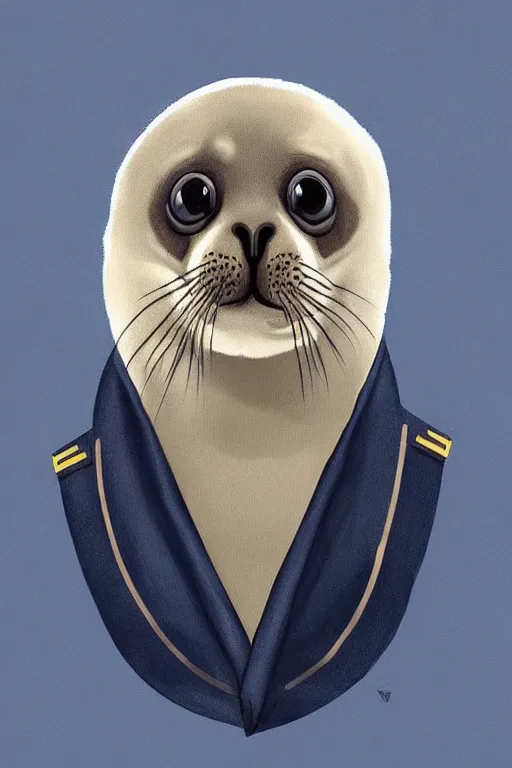 Image similar to A cute seal shown in navy uniform, digital art, extremely detailed, portrait, trending on artstation