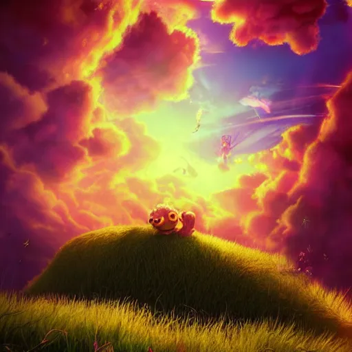 Prompt: puffy clouds, drew struzan movie poster style, vfx art, unreal engine render, claymation style, colourful, volumetric light, digital painting, digital illustration, dramatic light,